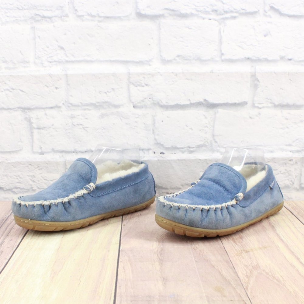 LL BEAN Blue Shearling Lined Wicked Good Moccasin Slippers Size 6 - Picture 2 of 10